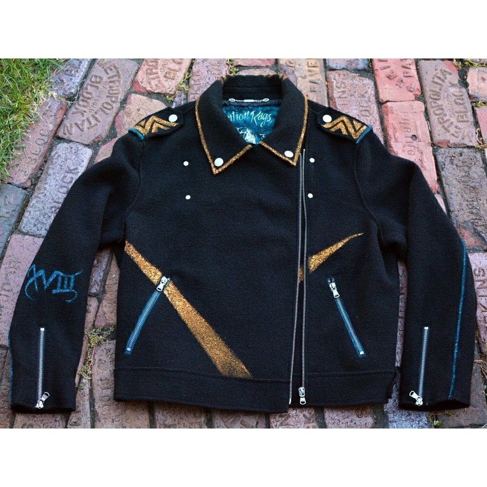 Vintage art deco hand painted Calvin Klein black wool motorcycle jacket men’s L